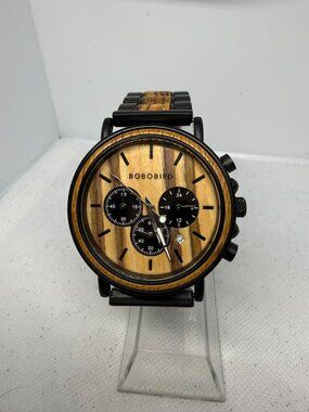 BOBO BIRD P09 Mens Wooden Watch Zebra Wood Chronograph Stainless Steel 44mm